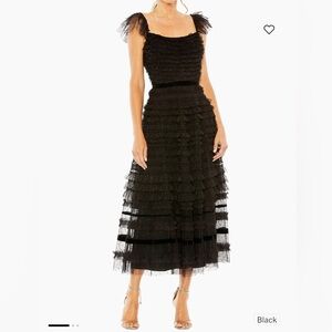 NWT Mac Duggal dress black ruffle cap sleeve tiered formal cocktail gown size 14